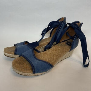 Ugg Amell Espadrille Open Toe Lace Up Cork Wedge Sandals Women Size 9.5‎ Blue